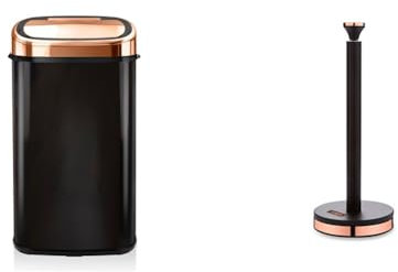 Tower T80904RB Kitchen Bin with Sensor Lid, Automatic Soft-Close, Manual Override, 58 Litre, Black & T826133BLK Cavaletto Towel Pole Kitchen Roll Holder with Soft Underliner, Black and Rose Gold