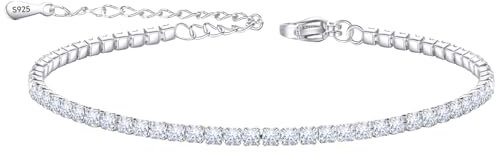 VIVILE Fußkettchen für Damen Silber 925,Tennis Fußkette,Fusskettchen,Edelstahl Fusskette,Fussketten für Frauen,Women's Anklets,Ankle Bracelet,Geschenk zum Geburtstag,9.5in+2in,2MM CZ,Weiß