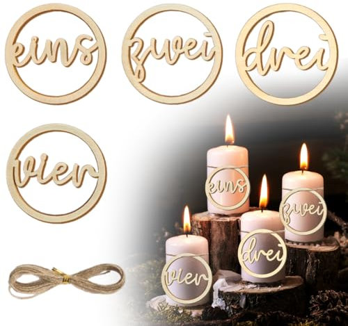 VOPIWOZ Adventskranz Zahlen 1-4, 4 STK Holz Adventskranz Mit Zwirn, Adventskranz Holz Rund, Adventskranz Deko Set für Adventskerze Adventskerzenhalter