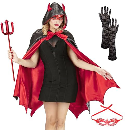 SALADOCY Costume di Halloween in 4 pezzi, comprendente mantello da donna, maschera per occhi in pizzo, guanti in pizzo, forcone del diavolo, per la festa di Halloween Cosplay