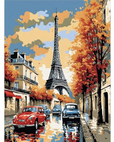 Paint By Numbers For Adults,Eiffel Tower Autumn Car Streetscape DIY Arts and Crafts for Adults Beginners,Paris Acrylic Paint By Numbers Kits with Paints and Brushes,Perfect For Home Decor 12X16 Inch