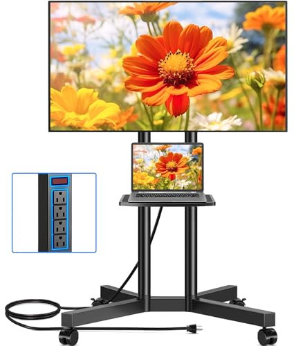 Rfiver - Mobile TV Stand with Socket for 32 - 70 Screens, Protable TV Mount on Wheels with Height Adjustment, Outdoor TV Mount with Shelf