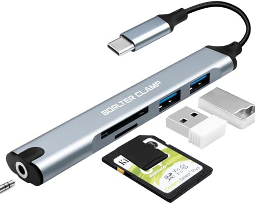 Adaptador USB C 5 en 1 con 2 puertos USB y lector de tarjetas, adaptador para auriculares de 3,5 mm, compatible con MacBook, ordenadores portátiles, teléfonos móviles y tabletas
