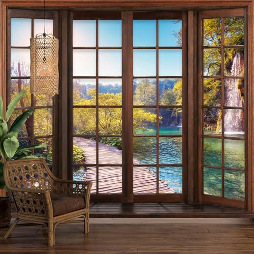Papier peint panoramique Trompe l'œil Fenêtre en bois - Ponton cascade 3617680526040 - Largeur 195 cm x Hauteur 156 cm