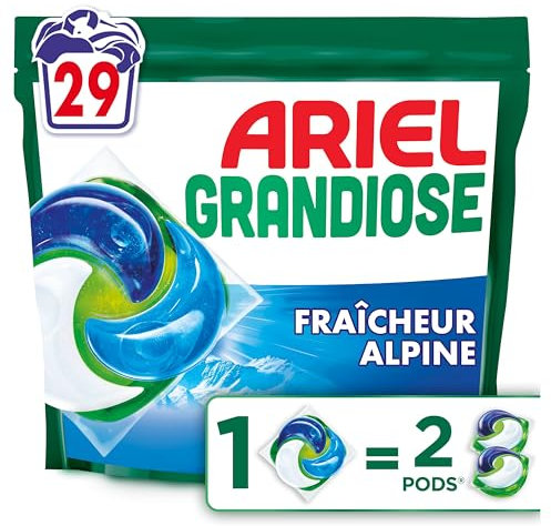 Ariel Grandiose PODS Fraîcheur Alpine, 29 Lavages, Lessive Capsules 2X Action Détachante et Anti-Odeur, Efficace Même à Froid, Pour Lessives Mixtes et Taches Tenaces, Fabriquée en France