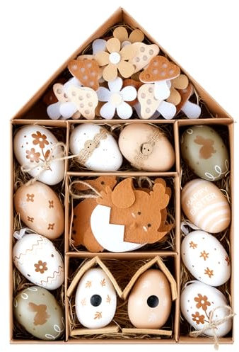 46 Pezzi Uova Di Pasqua Decorative, Ovetti Pasquali, Decorazioni Pasquali, Decorazioni Pasquali Da Appendere, Decorazioni Pasquali Bianche E Marroni Per Cesti Di Pasqua, Regali Di Pasqua Per Bambini.