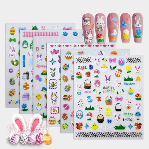Nagelsticker Ostern, 6 Blatt Nagel Stickers Selbstklebend Hase Gefärbte Eier Nail Art Stickers Frühling Nageltattoos Aufkleber für Nägel Deko
