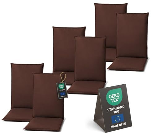 Pillows24 - Hochlehner Auflagen 6er Set 120x50x8 cm | Bequeme & Wetterfeste Gartenstuhlauflagen | Polster Sitzkissen für Klappsessel & Gartenmöbel | Extra Dicke Sitzauflagen | Made in EU | Braun