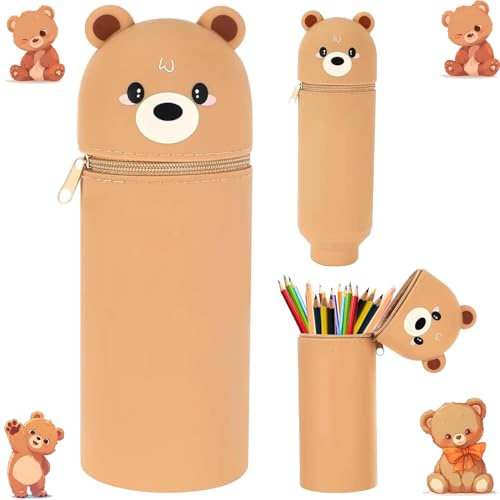 TwoduYoo Super weiches Federmäppchen, Kawaii (Kleiner Braunbär) Federmäppchen aus Silikon, wasserdicht und superweich, 22cm Max Höhe, Soft Pencil Case