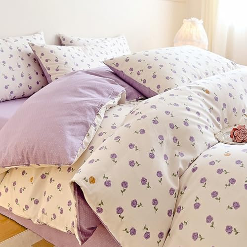Nayoroom Blumen Bettwäsche 135x200 Mädchen Violett Blumenweise Weiß Bettbezug Set Lila Blumig Pflanzen Aesthetic Clean Girl Floral Microfaser Wendebettwäsche mit Reißverschluss und Kissenbezug 80x80