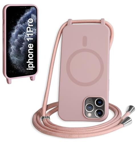 FNPCUON Cover Magnetica Silicone per iPhone 11 Pro con Cordino,Compatibile con MagSafe,Custodia con Laccio Collana Tracolla Collo Sottile TPU Antiurto Protettiva Case con Corda.Rosa