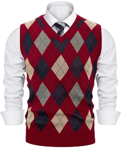 Sykooria Gilet Tricoté Homme à Motif Losanges – Débardeur sans Manches à Col en V, Style Classique pour l’Automne et l’Hiver