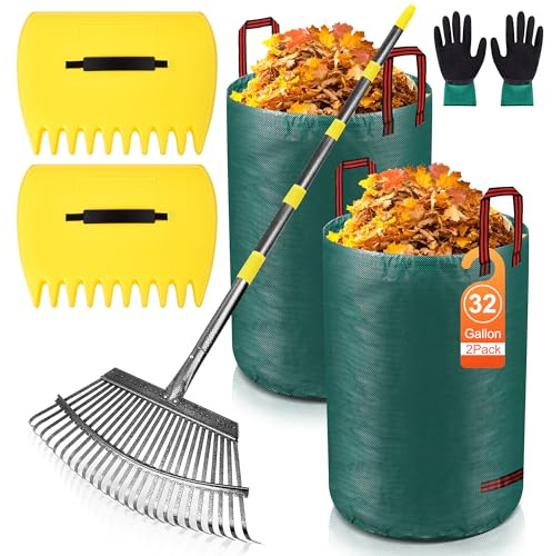 Verstellbarer Laubbesen für den Garten, 45,7 cm breit, 25 Zinken, 94 - 200,7 cm Griff, Metall-Laubbesen mit 2 Laubsäcken und Schaufeln, robustes Rechen-Set für Rasen, Gras, Sträucher, Blumenbeete