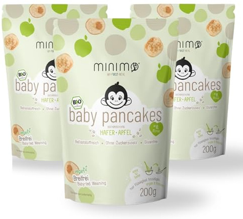 Minimo Bio Baby Pancakes Hafer Apfel – Breifrei BLW Fingerfood ab 8 Monaten – Ohne Zuckerzusatz, Glutenfrei, Ballaststoffreich – Perfekt für Baby Frühstück & Snacks (3er Pack)