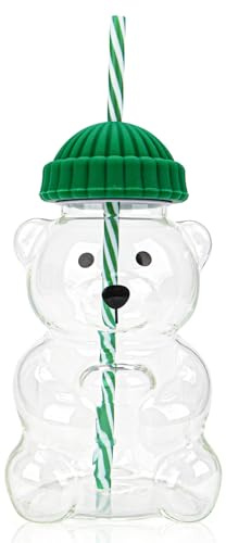 Vaso de paja de oso, taza de cristal con pajita, taza de cristal con diseño de oso, para jugo, café, té, leche, chocolate caliente, muy adecuado, 550 ml, (1, verde)