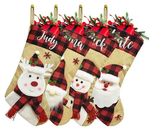 Rainsar Personalisierte Weihnachtsstrümpfe, 46cm Büffelkaro Jute, Bestickte Namen, 4 Festliche Designs mit Weihnachtsmann, Schneemann, Rentier, Elf, Weihnachtsdekoration