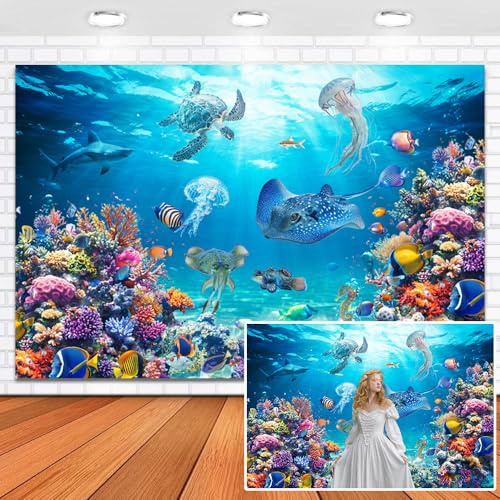 ChloropLastid 10x8ft Under The Sea Photography Backdrop Underwater Ocean Marine Life Coral Background Kids Adults Ocean Theme Birthday Party Baby Shower Cake Table Decorations Portrait Photo Props