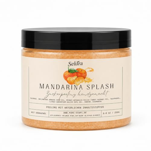 Zuckerpeeling, Natürliches Körperpeeling tolle Düfte, Mandelöl & Vitamin E, Sanftes Peeling für glatte Haut, Handgemacht (Mandarina Splash klein (230g))