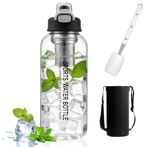 Tutamaz Trinkflasche aus Glas, 1500ml Wasserflasche mit Sieb Auslaufsichere BPA-frei Geeignet für kohlensäurehaltige Tee Limonade Warme und Kalte Getränke Sport Outdoor Schule Fahrrad Büro