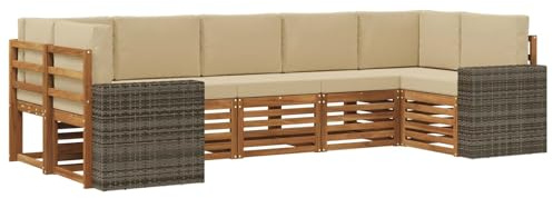 vidaXL Ecksofa Set mit Kissen 7 pcs Natur und Beige Polyester, Akazienholz Sofa für draußen, stylisches Gartenmöbel, modulares Set für Terrasse und Poolbereich