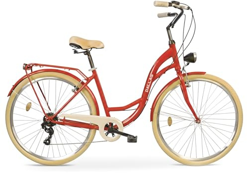 Fahrrad 26 Zoll - Bequemes Cityrad für Damen und Herren - mit 7-Gang Shimano Schaltung - Komfortabler Tiefeinsteiger für Stadt und Pendler - Dallas City - Rot, Creme