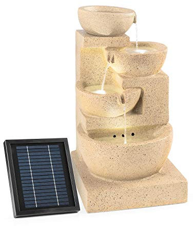 Blumfeldt Korinth Fontana Decorativa da Giardino Funzionamento a LED Solare 3 Watt Posizionamento libero 4 recipienti d'acqua con cascate Illuminazione LED Ottica Pietra Arenaria