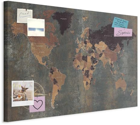 murando Tableau à Épingles, Panneau en Fibres de Bois Carte du Monde 120x80 | Punaises Incluses, Panneau et Tableau sur Toile 2-en-1, Décoration Murale, Idéal pour Notes au Bureau, Idée Cadeau