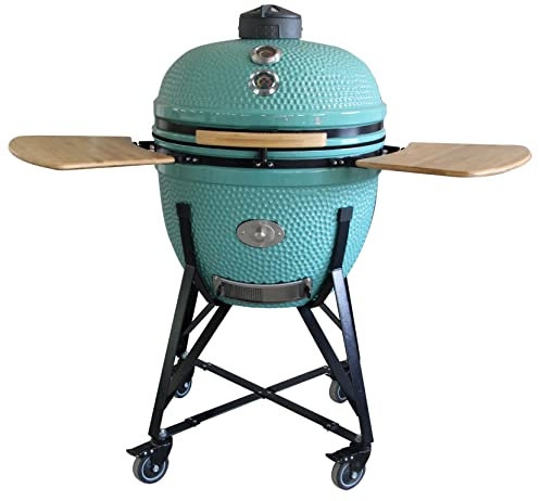 YNNI Kamado TQ0C25CY Maßgeschneiderter XL 63,5 cm Grill mit Trolley und Bambustischen, Cyan mit Chip Feeder, Grill, Keramik, Ei, Smoker, TQ0C25CY