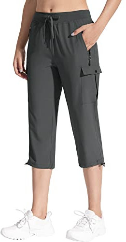 MOCOLY Pantalon Jogging Cargo 3/4 Femme Pantacourt Randonnée été Leger Pantalon Court Sport à Taille élastiquée Pantalon Corsaire Extérieur à Poche Zippée Gris L
