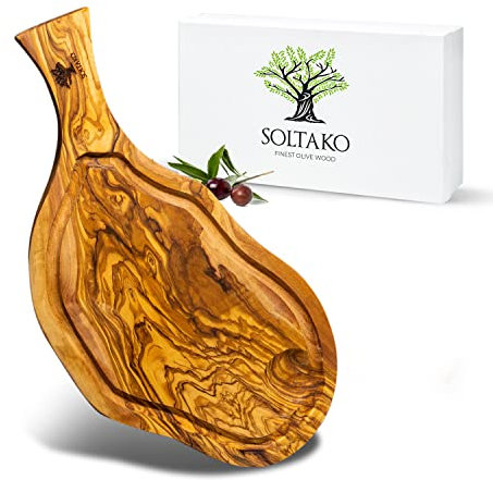 SOLTAKO Olivenholz Steakbrett mit Saftrille The Smokey BBQ 43-45 cm, Schneidebrett aus Oliven Holz mit Griff