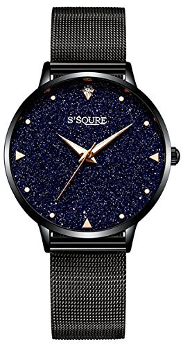 Alienwork Armbanduhr Damen Schwarz Metall Mesh Armband Edelstahl Blau echtes Marmor Zifferblatt Ultra-flach