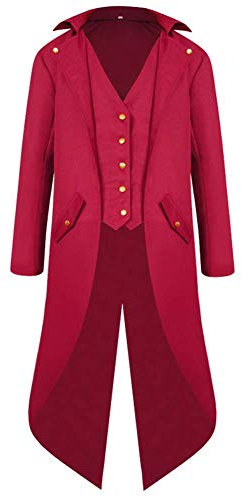 FYMNSI Herren Gothic Steampunk Frack Mantel Männer Mittelalter Viktorianischen Vintage Jacke mit Waistcoat Uniform Lange Smoking Karneval Fasching Halloween Kostüm Party Cosplay Verkleidung Rot L
