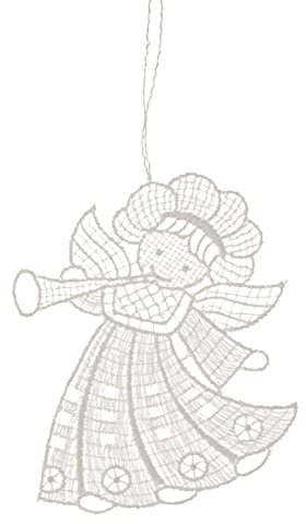 Rudolphs Schatzkiste Baumbehang Engel mit Horn Plauener Spitze BxHxT 9x9x0,1cm NEU Christbaumschmuck Weihnachtsbaum Anhänger