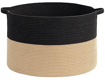 Vinsani Laundry Basket Natural Cotton Hand-Woven Rope Hamper Two Tone Scandinavian Home Décor Minimalist Aesthetic Storage For Clothes Baby Toys Nursery Bathroom and Bedroom Use – Black & Coffee