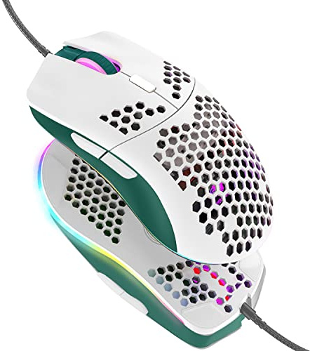 Hoopond Kabelgebundene Gaming-Maus, leichte 69-G-Maus mit Wabenschale und 6400 DPI, programmierbare USB-Gaming-Mäuse mit 6 Tasten, für PC-Gamer und Xbox- und PS4-Benutzer - Grün-Weiß-Mix