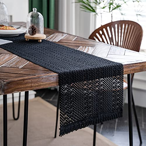 Weldomcor Makramee Tischläufer Boho Baumwollflachs Tischläufer mit Quasten, 30x180cm Rechteckige Häkelspitze Mesh Tischdecke für Küche Vintage Bauernhaus böhmische Hochzeit Tabletop Dekor (Schwarz)