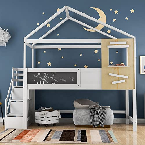I0I&I0I Hochbett für Kinder mit Treppe, Fenster und viel Stauraum (Weiß)