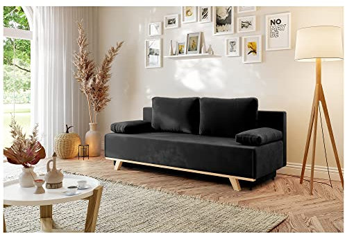 MEBLINI Sofa mit Schlaffunktion - Schlafcouch Ausziehbar - Schlafsofa mit Bettkasten - Sofabett - Couch mit Schlaffunktion - Klappsofa - Zendaya - 200x89x95cm - Schwarz Samt