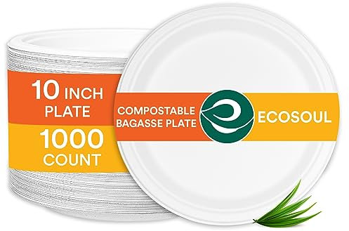 ECO SOUL Paper Plates (25Cm) 10 [1000-Pack] Heavy Duty Compostable Sugarcane Bagasse Dinner Plates | Eco Friendly Biodegradable Disposable Plate for Thanksgiving Dinner, Parties & Events(White)