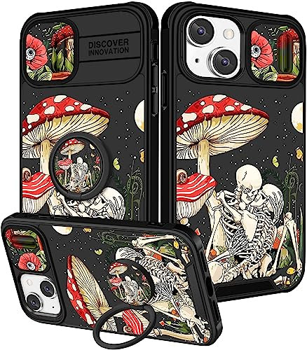 Pegmode (2in1 for iPhone 15 Case for Women Cute Skull Skeleton Girls Phone Cases Scary Gothic Fun Unique Design with Slide Camera Cover+Ring Holder Funny Fashion for Apple iPhone 15 Cover 6.1 inch