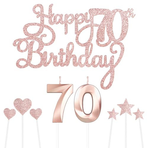 Personalised Rose Gold Happy 70th Birthday Cake Topper Set With Number Candles, Star Cupcake Toppers and Decorations for Her Him Women Anniversary (Set 9)