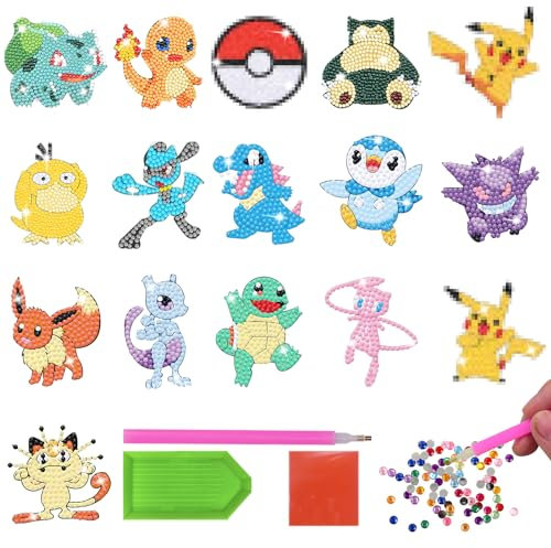 MUSEDAY Diamand Painting Kinder Set Diamant Aufkleber Kit Diamant Malerei Kits 16 Stück Diamond Painting Sticker Diamant Malerei für Kinder Jungen Mädchen