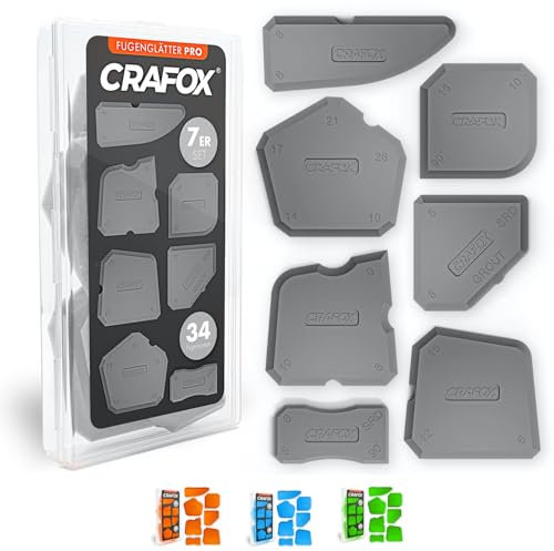 CRAFOX® Fugenglätter 7er SET SCHWARZ | Extra große Silikon Abzieher mit 34 Fugenformen | Fugenabzieher inkl. Aufbewahrungsbox | Acryl & Silikonabzieher | Glätter - Spachtel - Werkzeug für Fugen