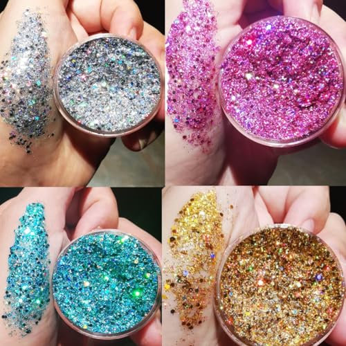 KARLOR Glitzer Gel für Körper und Gesicht - 4 Body Glitter Gel in Blau, Rosa, Silber, Golden - Selbstklebende Flüssige Schminke für Fasching und Festival (Set 1)