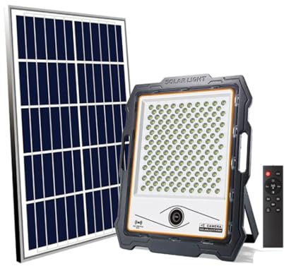 M Ledme - Foco Proyector Led Solar Con Cámara Jeff 300W, luz fría (6000k), Sensor de movimiento/crepuscular, 1080P, Impermeable IP67, 2900lm, Control remoto con App, Para Patio, Jardín, Camino.