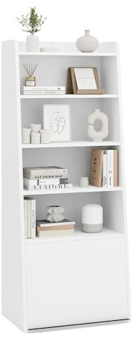 Giantex 6-Tier Bookcase, Freestanding Ladder Bookshelf with 2 Adjustable Shelves & Flip Up Door, Multifunctional Display Stand with Anti-tipping Kit for Living Room Bedroom Home Office, White