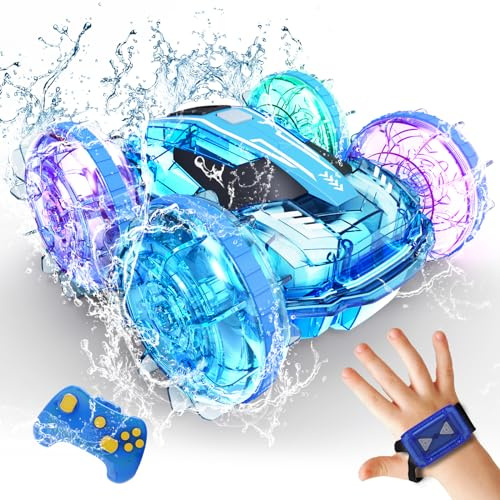 Tecnock 2024 Amphibisches Ferngesteuertes Auto Boot für Kinder, 4WD RC Stunt Auto mit Handsteuerung, 2.4GHz RC Autos mit Wasserdicht Fernbedienung LED Geschenke für Jungen Mädchen (Mit Watch