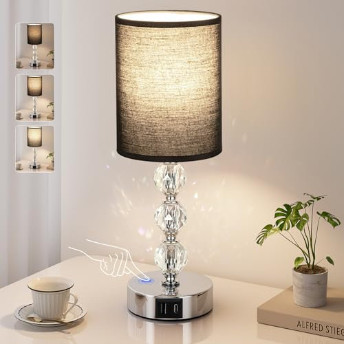 Aooshine Touch Table Lamp, Crystal Black Bedside Lamps with 3 Way Dimmable, Small Black Table Lamp with USB C+A Charging Ports, Bedroom Lamp with Fabric Shade for Living Room (LED Bulb Included)