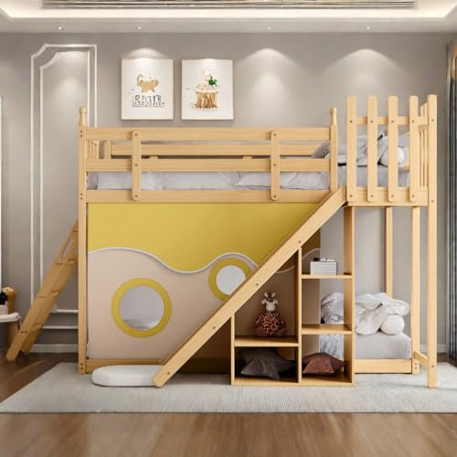 Cabane Enfants 90x200 Superposé Double Simple, Mezzanine, Protection Anti Chute, avec Escalier, Clôtures, Rideau, Toboggan et Étagère, Naturel