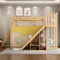 Cabane Enfants 90x200 Superposé Double Simple, Mezzanine, Protection Anti Chute, avec Escalier, Clôtures, Rideau, Toboggan et Étagère, Naturel